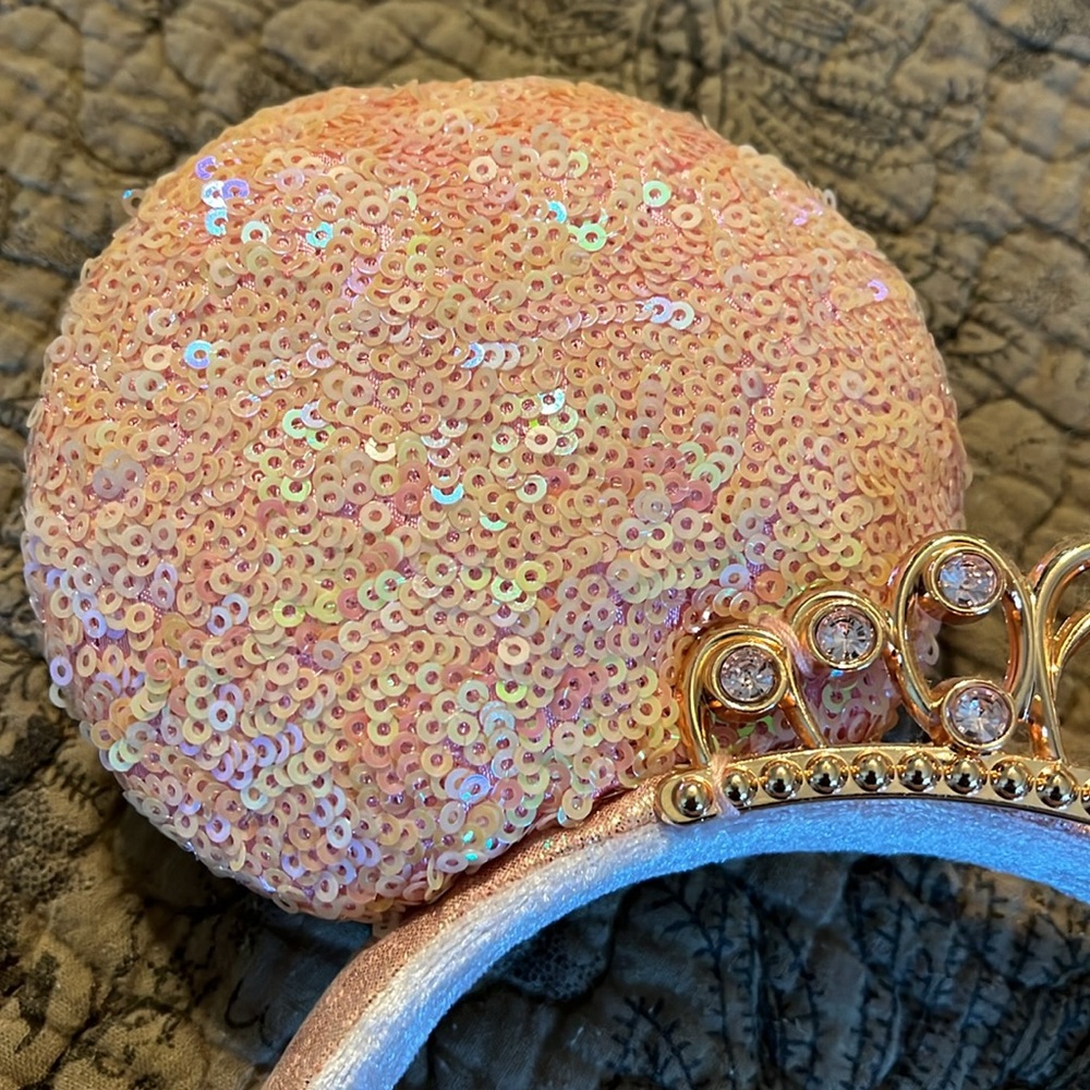 Disney Rose Pink Sequin Minnie Ear Headband with Gold Tiara - Picture 2 of 4